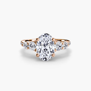 LabGrownDiamonds.com five stone pavé trellis engagement ring setting with oval-shaped center, showcasing intricate metalwork and sparkling stones.