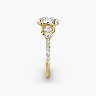 Five stone pavé trellis engagement ring setting with oval-shaped lab-grown diamonds, shown from three side angles.