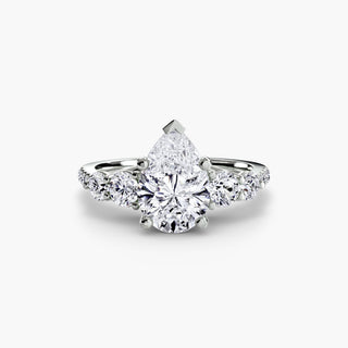 LabGrownDiamonds.com five-stone pavé trellis engagement ring setting with pear-shaped diamonds in white gold, viewed from the top.