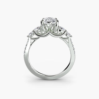 LabGrownDiamonds.com five stone pavé trellis engagement ring setting with pear-shaped center stone in white gold, front view.