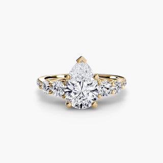 Five stone pavé trellis engagement ring setting with yellow gold finish, showcasing detailed craftsmanship and sparkling gemstone settings.