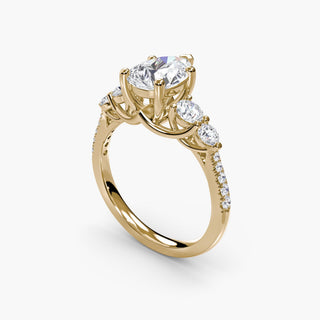 Five stone pavé trellis engagement ring setting with yellow gold finish, featuring pear-shaped center stones and intricate metalwork.