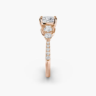 LabGrownDiamonds.com five stone pavé trellis engagement ring setting with princess cut diamonds, side view showing intricate metalwork.