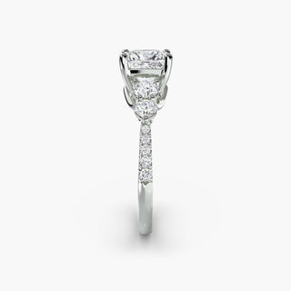 Five stone pavé trellis engagement ring setting with princess cut lab-grown diamonds, shown from a side view in white gold.