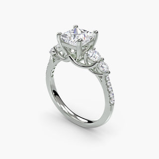 Five stone pavé trellis engagement ring setting with princess-cut diamonds in white gold, showcasing detailed craftsmanship from LabGrownDiamonds.com.