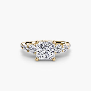 Five stone pavé trellis engagement ring setting with yellow gold finish, showcasing intricate metalwork and sparkling lab-grown diamonds.