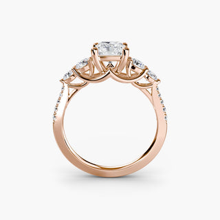 Five stone pave trellis engagement ring setting with lab-grown diamonds, showcasing intricate metalwork and sparkling stones.