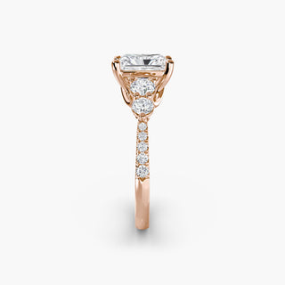 Five stone pavé trellis engagement ring setting by LabGrownDiamonds.com, featuring intricate metalwork and sparkling gemstones.