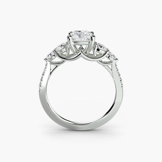 Five stone pavé trellis engagement ring setting in white gold featuring radiant lab-grown diamonds, front view.