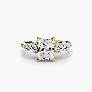 Gold five-stone pavé trellis engagement ring setting with sparkling lab-grown diamonds, showcasing intricate metalwork and gemstone detail.