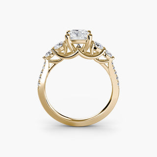 Five stone pavé trellis engagement ring setting with radiant lab-grown diamonds, showcasing a detailed front view.