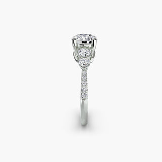 LabGrownDiamonds.com five stone pavé trellis engagement ring with round diamonds, side view showing intricate setting and polished white gold band.