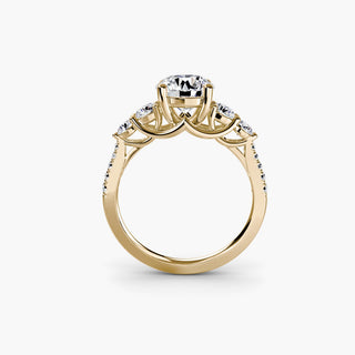 LabGrownDiamonds.com five stone pavé trellis engagement ring setting with round diamonds, shown from the front in yellow gold finish.