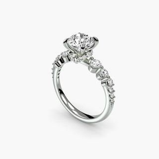 LabGrownDiamonds.com graduated diamond band with hidden halo engagement ring, round cut, white gold setting, 4-angle view.