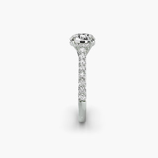 LabGrownDiamonds.com hidden halo pavé cathedral engagement ring setting with round diamonds, shown from three side angles in white gold.