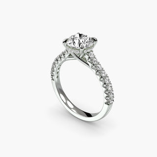 LabGrownDiamonds.com Hidden Halo Pavé Cathedral Engagement Ring setting with round diamonds, shown from four angles in white gold.