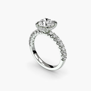 Round white gold Hidden Halo Pavé Engagement Ring setting with detailed side and top view, showcasing intricate craftsmanship.