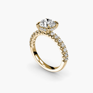 LabGrownDiamonds.com hidden halo pavé engagement ring setting with round center and side stones, shown from four angles.