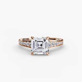 Reverse tapered channel set engagement ring with lab-grown diamonds, featuring an elegant design and asscher-cut stones.