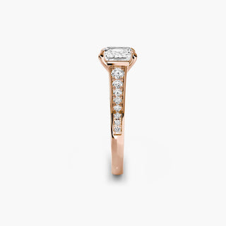 Reverse tapered channel set engagement ring with lab-grown diamonds, featuring an elegant asscher cut design and three-side setting.