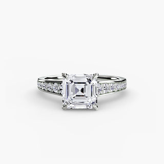 Reverse tapered channel set engagement ring with lab-grown diamonds, featuring an elegant asscher cut in white gold.