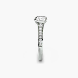 Reverse tapered channel set engagement ring with asscher-cut diamonds in white gold, showcasing detailed side view.