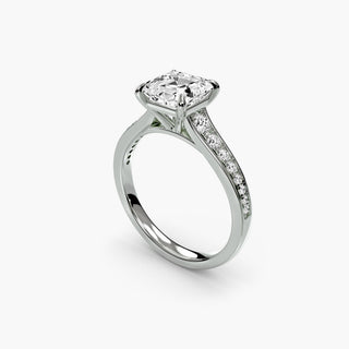 Reverse tapered channel set engagement ring with lab-grown diamonds, shown from four angles in white gold setting.