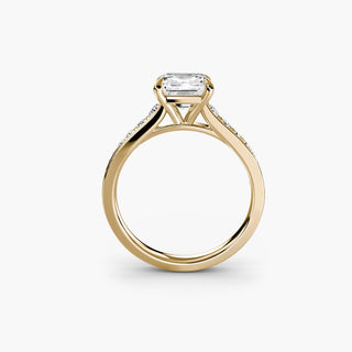Reverse tapered channel set engagement ring with lab-grown diamonds, featuring an asscher cut design and yellow gold band.