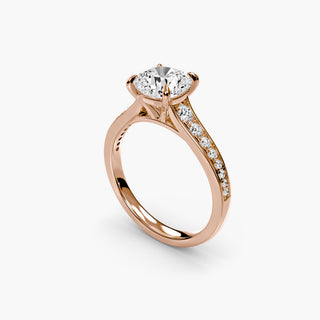 Reverse tapered channel set engagement ring with cushion-cut center, featuring lab-grown diamonds from LabGrownDiamonds.com, shown from four angles.