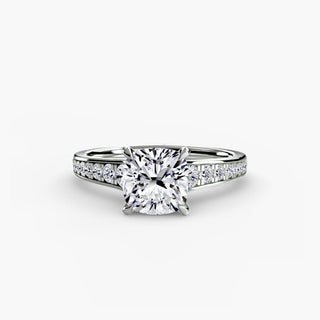 Reverse tapered channel set engagement ring with cushion cut diamonds in white gold, showcasing elegant jewelry craftsmanship.