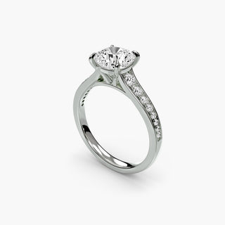 Reverse tapered channel set engagement ring with cushion-cut center, crafted in white gold by LabGrownDiamonds.com, shown from four angles.