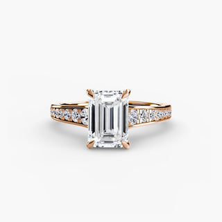 Reverse tapered channel set engagement ring with lab-grown diamonds, featuring a sleek design and emerald-cut stones.