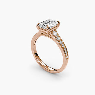 Reverse tapered channel set engagement ring with emerald-cut diamonds, featuring a sleek, modern platinum setting by LabGrownDiamonds.com.