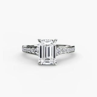 Reverse tapered channel set engagement ring with emerald-cut center stone in white gold, crafted by LabGrownDiamonds.com.