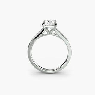 Reverse tapered channel set engagement ring with emerald-cut lab-grown diamonds in white gold, front view.
