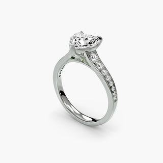 Reverse tapered channel set engagement ring in white gold with heart-shaped diamonds, showcasing four different angles.