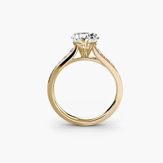 Reverse tapered channel set engagement ring with heart-shaped yellow gold accent, featuring lab-grown diamond setting, front view.