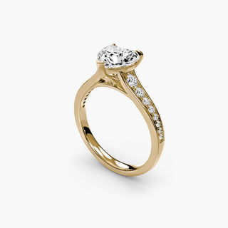 Reverse tapered channel set engagement ring with heart-shaped diamonds, showcasing a gold band and four-angle view.