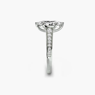 Reverse tapered channel set engagement ring with marquise diamonds in white gold, showcasing side view details.