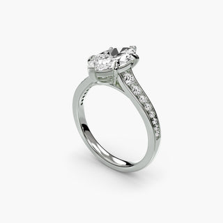 Reverse tapered channel set engagement ring with marquise-cut diamonds in white gold, showcasing four-angle views.
