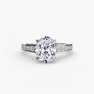 Reverse tapered channel set engagement ring with oval lab-grown diamonds in white gold, showcasing a sleek, modern setting design.