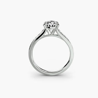 Reverse tapered channel set engagement ring with oval lab-grown diamonds in white gold, front view showing detailed setting.