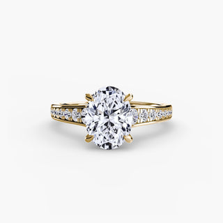 Reverse tapered channel set engagement ring with oval lab-grown diamonds in yellow gold, showcasing elegant side detailing.