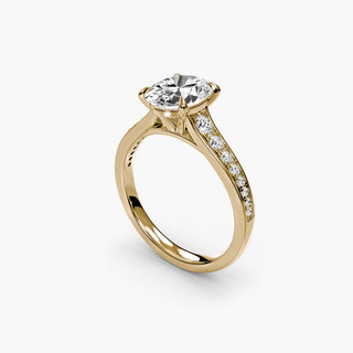 Reverse tapered channel set diamond engagement ring with oval stones in yellow gold from LabGrownDiamonds.com, viewed from four angles.