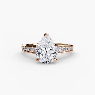 Reverse tapered channel set engagement ring with pear-shaped lab-grown diamonds, showcasing a sleek, elegant jewelry setting.
