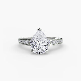 Reverse tapered channel set engagement ring with pear-shaped diamonds in white gold, showcasing a elegant, modern jewelry setting.