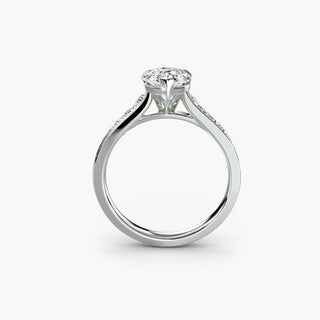 Reverse tapered channel set engagement ring with pear-shaped lab-grown diamonds in white gold, front view.