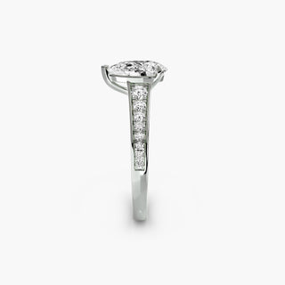 Reverse tapered channel set engagement ring with pear-shaped lab-grown diamonds in white gold, side view showing detailed setting design.