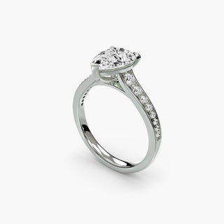 Reverse tapered channel set engagement ring with pear-shaped diamonds in white gold, showcasing the elegant setting from multiple angles.