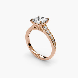 Reverse tapered channel set engagement ring with princess cut diamonds, showcasing the elegant design from four angles.
